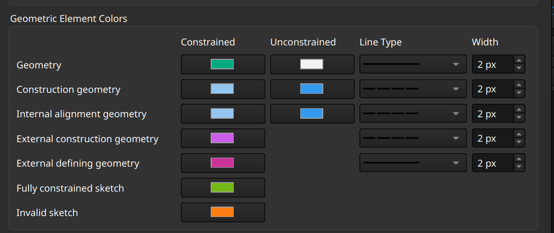 FreeCAD Sketcher workbench element colors